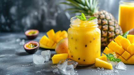Summer mango and pineapple smoothie. Fresh fruit yellow smoothie drink.