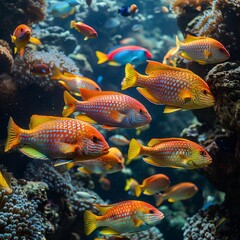 Fototapeta premium Diverse Marine Fish: Colorful and diverse marine fish swimming in a coral reef, capturing the beauty of underwater life