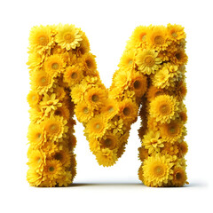 The letter M is made out of real natural Yellow flowers, Isolated on a white background, flower font concept, Creative Alphabet, Letters