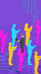 Modern aesthetic artwork. Businessman with laptop surrounded by colorful digital silhouettes against circuit boards background. Concept of confidentiality on Internet, cybersecurity, digital crime. Ad