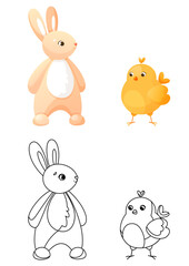 Coloring book, Easter bunny and cute chicken stand next to each other. Children's coloring book with a color example. Coloring book, practice sheet for children in school or kindergarten.