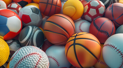 Abstract background with different types of sport balls used in the sports of basketball, baseball, tennis, golf, soccer, volleyball, rugby, American football and badminton. 3D illustration.