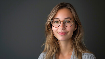 Confident Female Teacher With Glasses Against a Grey Background. Generative AI