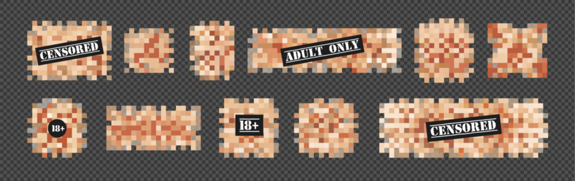 Black censor pixel bar concept. Censorship mosaic sign, censored bar and nudity pixel blur. The shape of the rectangle, square, oval, circle. Illustration in skin tones