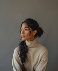 Elegant Woman in Turtleneck Sweater Against Neutral Backdrop. Generative AI