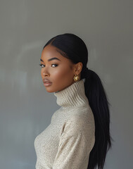 Fototapeta premium Elegant Woman in Turtleneck Sweater Against Neutral Backdrop. Generative AI