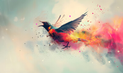 Extreme close-up of colorful parrot flying from splash of paint, creativity concept