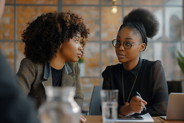 two african american women in a meeting discussing business meeting business idea stock image