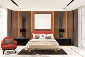 Modern contemporary  bed room with frame mock up on the wall. Design 3d rendering of orange and light woods. Design print for illustration, presentation, mock up, interior, zoom, background. Set 2