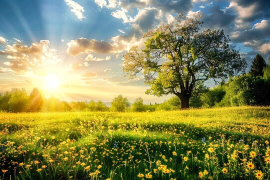 Majestic sunrise behind a lush tree in a field full of spring wildflowers, creating a picturesque landscape