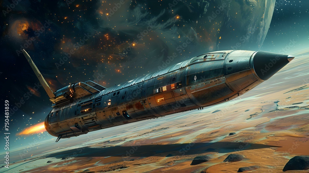 Poster spaceship from the past landing on a futuristic planetary surface in a sci-fi setting. concept sci-f