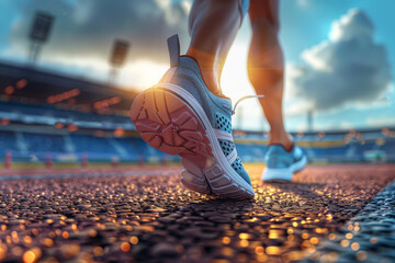 Close-up of running shoes of track and field athletes training at the stadium. Practice and skill...