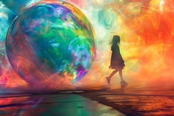 A young girl in silhouette pursues a large, luminescent orb amongst swirling vibrant colors