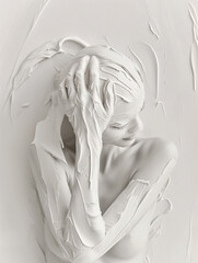 Ethereal White Acrylic Depiction of Embracing Woman. Generative AI