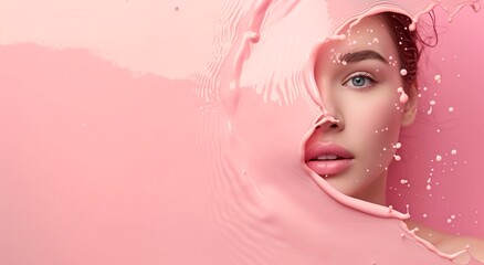 Woman Enveloped by Flowing Cosmetic Liquid on Smooth Pink Background. Generative AI