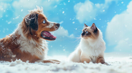 A lively Australian Shepherd and an elegant Himalayan cat playing together on a sky blue background.