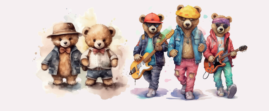 Cute bears in hats and shirts. Cool bear toy for postcards, posters and prints design . Fashion slogan and style.