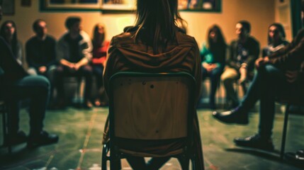 The image captures a person seated with their back facing the camera, attending a group meeting or gathering - obrazy, fototapety, plakaty