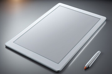 Tablet with blank white screen, business background.