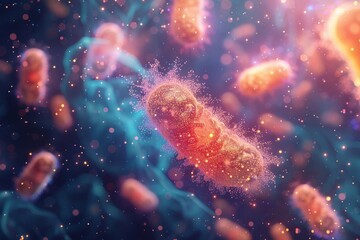 Obraz premium Closeup of colorful intestinal bacteria and microbes under a microscope, selective focus