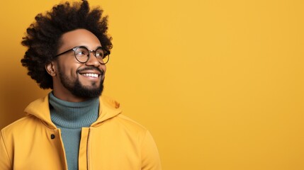 Confident Young Man With Afro Smiling Against Yellow Background. Generative AI - obrazy, fototapety, plakaty