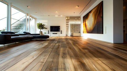 Spacious and stylish living room boasting modern furniture, exquisite wooden flooring, and large, bright windows