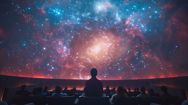 Planetarium show featuring breathtaking star projection on dome ceiling mesmerizing audience. Concept Astronomy, Planetarium, Star Projection, Dome Ceiling, Audience Mesmerizing