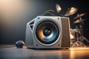 Music background, speakers on blurred background. - obrazy, fototapety, plakaty