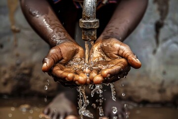 A close-up image capturing water splashing as it is caught in the cupped hands of an individual, symbolizing life and purity - obrazy, fototapety, plakaty