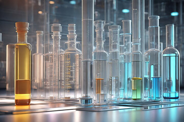 Vials with substances in the laboratory, medicine background.