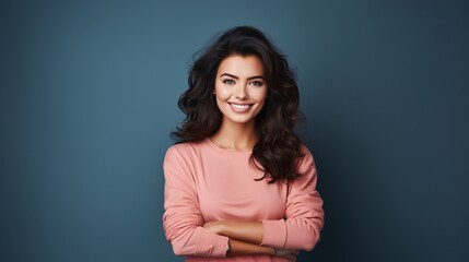 Fototapeta premium Smiling Brunette Woman in Casual Pink Attire Against Blue Background. Generative AI