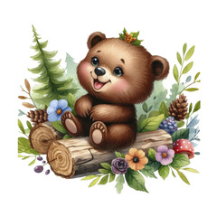 Brown Bear in a forest clearing with berries and mushrooms, watercolor illustration