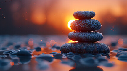 Obraz na płótnie Canvas Stones balance on beach, sunrise shot 