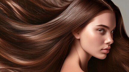 Young Woman Showcasing Luxurious Brown Hair. Generative AI