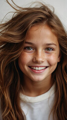 A beautiful young caucasian girl with dark hair smiles happily.