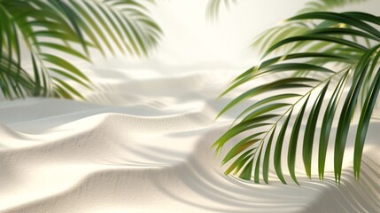 Fototapeta na wymiar Serene Zen Beach Dunes Embraced by Palm Leaves at Sundown. Generative AI