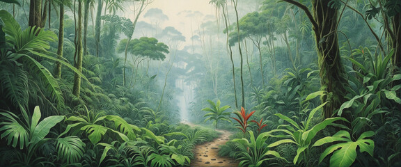 Rainforest, ecology, nature, bio-diversity background. Water color drawing of tropical rain forest. Extra wide format - obrazy, fototapety, plakaty