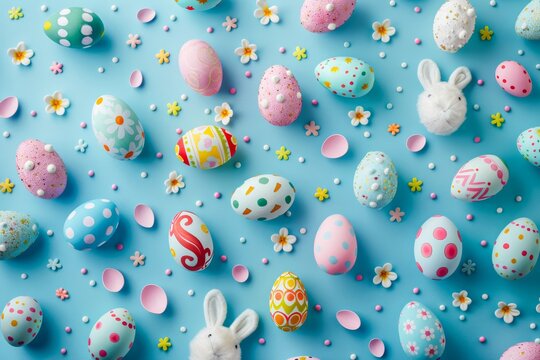 Bright and cheerful arrangement of patterned Easter eggs with cute bunny decorations on a blue background