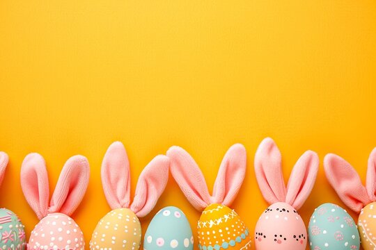 Fun Easter composition with colorful eggs and pink bunny ears against a bright orange background