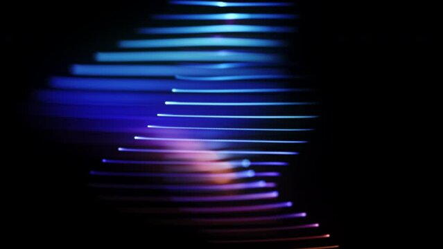 Rotation of 3D bright colored horizontal lines on black background. Abstract concept of artificial intelligence (AI), digital sound waves or big data. 4K looped animation of vibrant 3D soundwaves