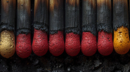 Close-up of burnt matches showcasing red and yellow heads. A detailed macro shot capturing the texture and aftermath of ignition. Perfect for: macro photography, fire safety, burnt objects