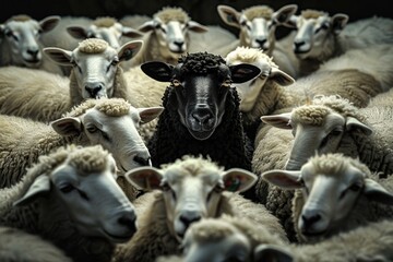 Obraz premium In this captivating image, a black sheep confidently stands out amongst a crowd of white sheep, drawing the eye directly