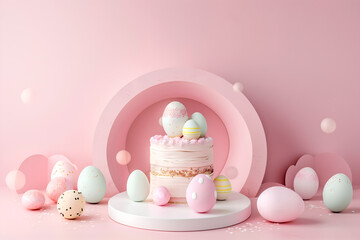 Minimalistic composition with an arched podium with decorated Easter eggs and treats