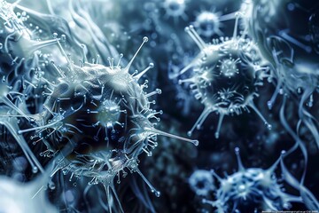 Dramatic close-up of virus particles, highlighting details with a blurred background effect