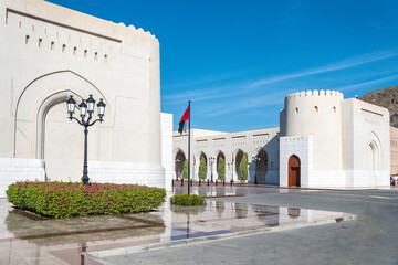 Fototapeta na wymiar Royal Palace Qasr Al Alam, Parliament of Oman, cities of Arabia, sights of Oman