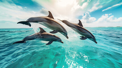 Cute dolphins leaping high in the turquoise ocean