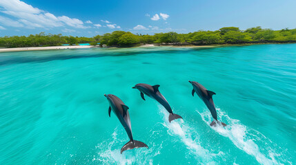 Cute dolphins jumping high in the ocean