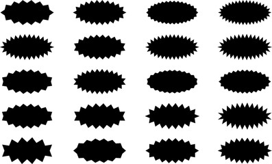 Starburst black sticker set - collection of special offer sale oval and round shaped sunburst labels and badges. Promo stickers with star edges. Vector.