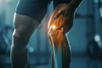 A close-up image of an athlete's knee being grasped in pain with a highlighted orange effect indicating injury on a rainy day