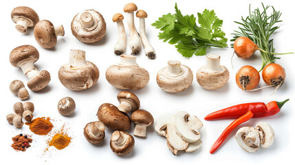 Vegetables, spices, and mushrooms champignons displayed on a white isolated background